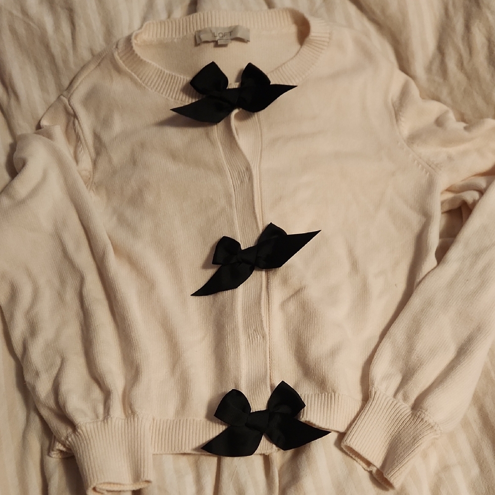 LOFT Cream Sweater with Black Bow Accent